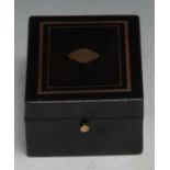 A 19th century French ebonised rectangular pocket watch box, hinged cover inlaid with a brass