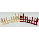 A 19th century bone barley corn pattern chess set, red stained opposition, the king's 9cm high