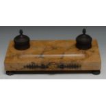 A French Empire bronze and Sienna marble inkstand, cylindrical wells with hinged covers, 32cm