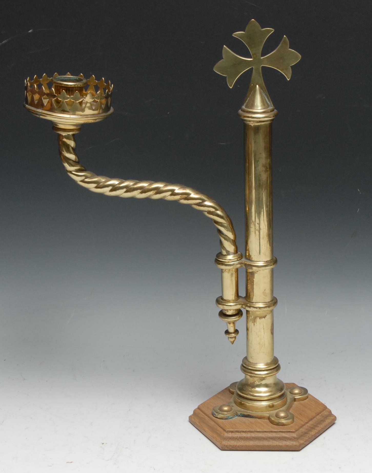 A Gothic Revival brass pulpit or lectern candlestick, the sconce and spiral branch adjustable on a - Image 2 of 2