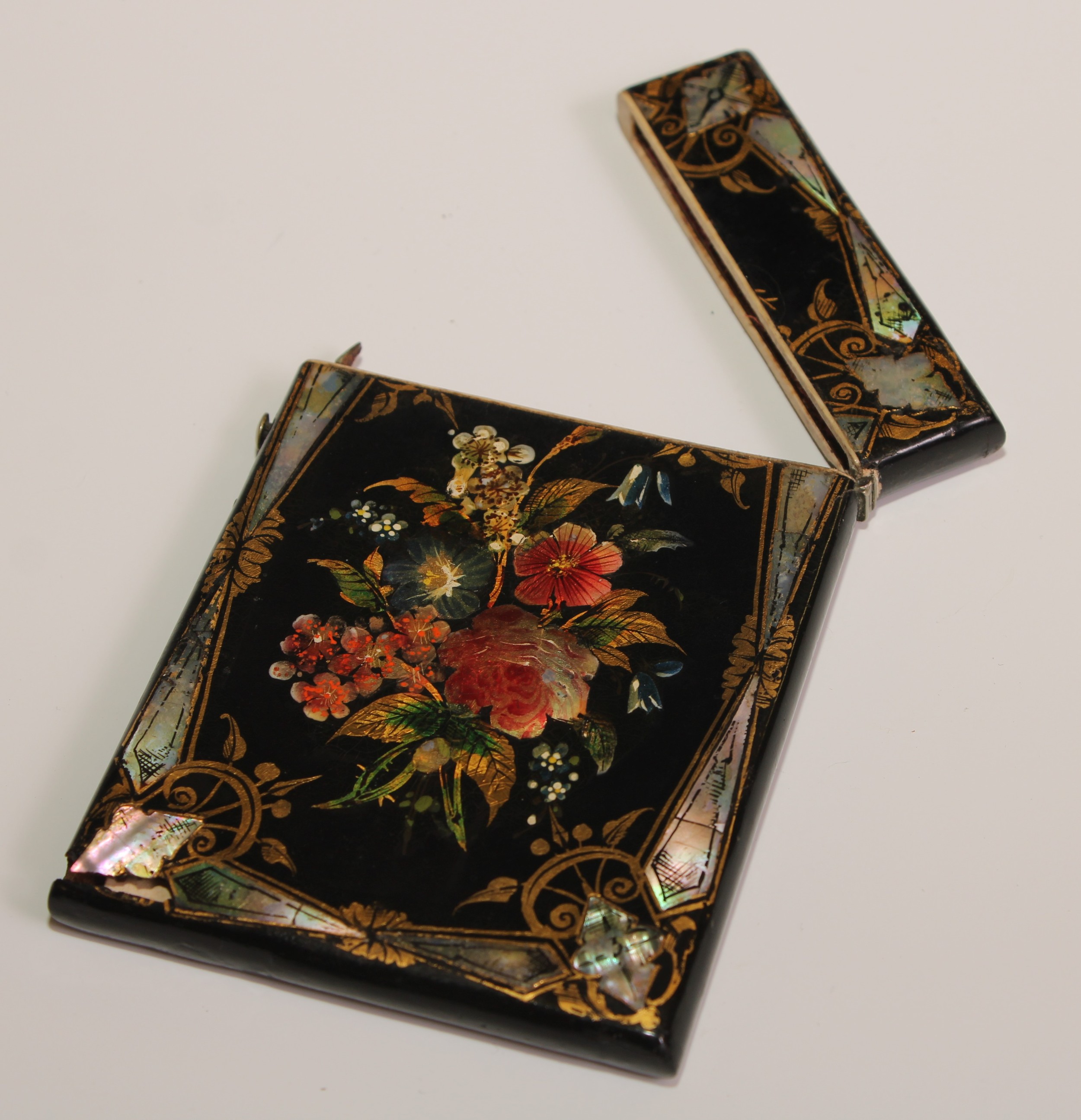 A Victorian papier mache rectangular visiting card case, inlaid with mother of pearl and decorated - Image 2 of 3