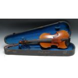 A violin, the one-piece back 33cm excluding button, Copie de Stradivarius label, ebony tuning