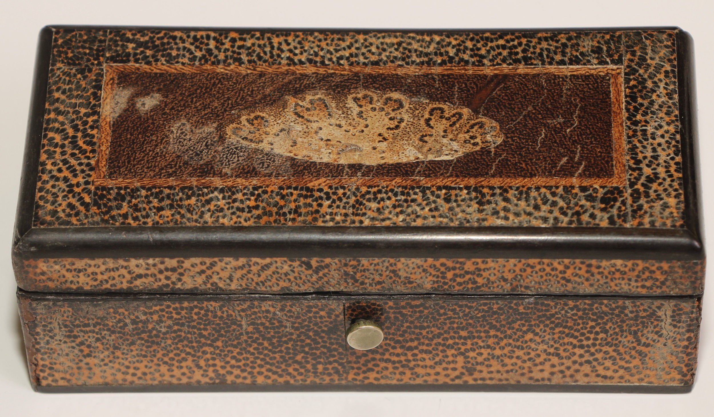 A 19th century specimen timber rectangular stamp box, hinged cover enclosing four compartments, 12cm