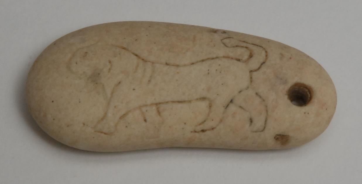 Antiquities - a double-sided stone Scythian animal amulet, depicting an elk and a lion, 4.5cm - Image 2 of 2