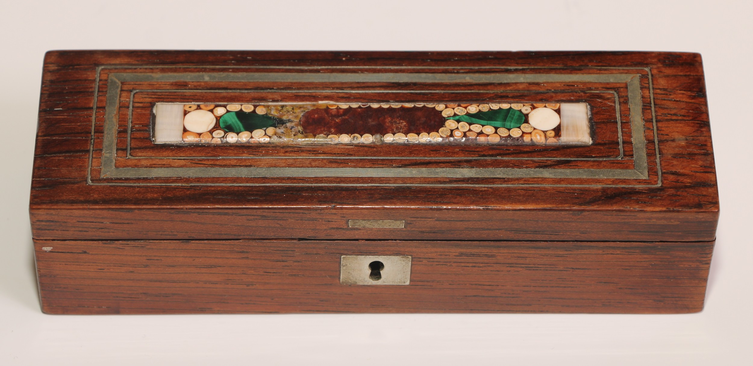 A Continental pietra dura and rosewood rectangular stamp box, hinged cover inlaid with specimen