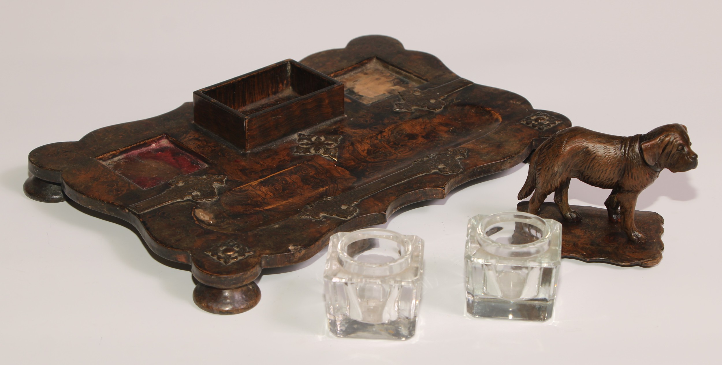 A Victorian papier mache inkstand, scumbled in faux burr walnut and applied with brass cut-card - Image 3 of 5