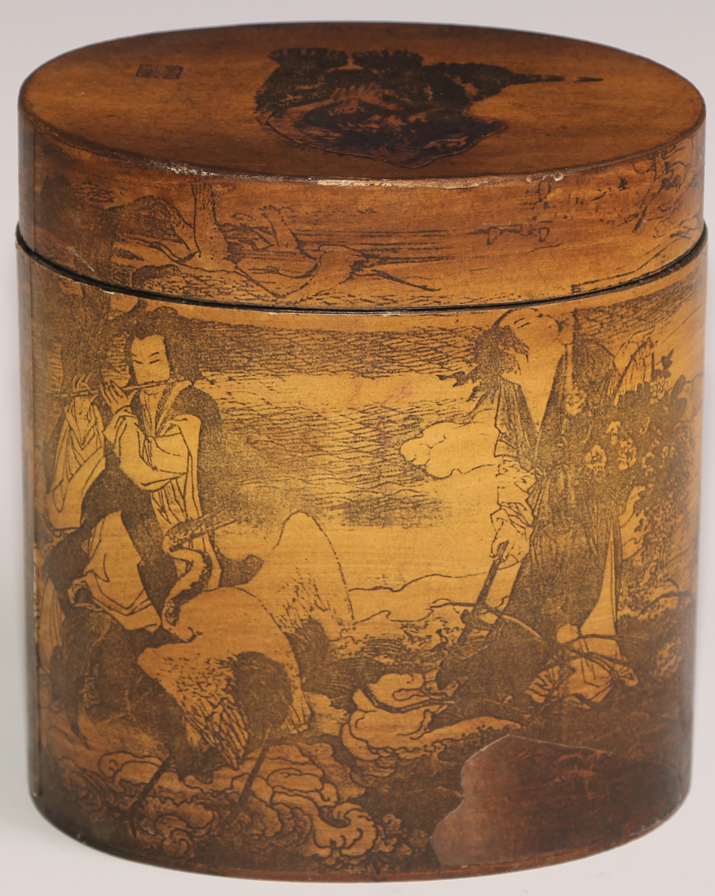 A stacking nest of Japanese oval boxes, decorated with bears and narratuve scenes, the largest 13. - Image 7 of 18