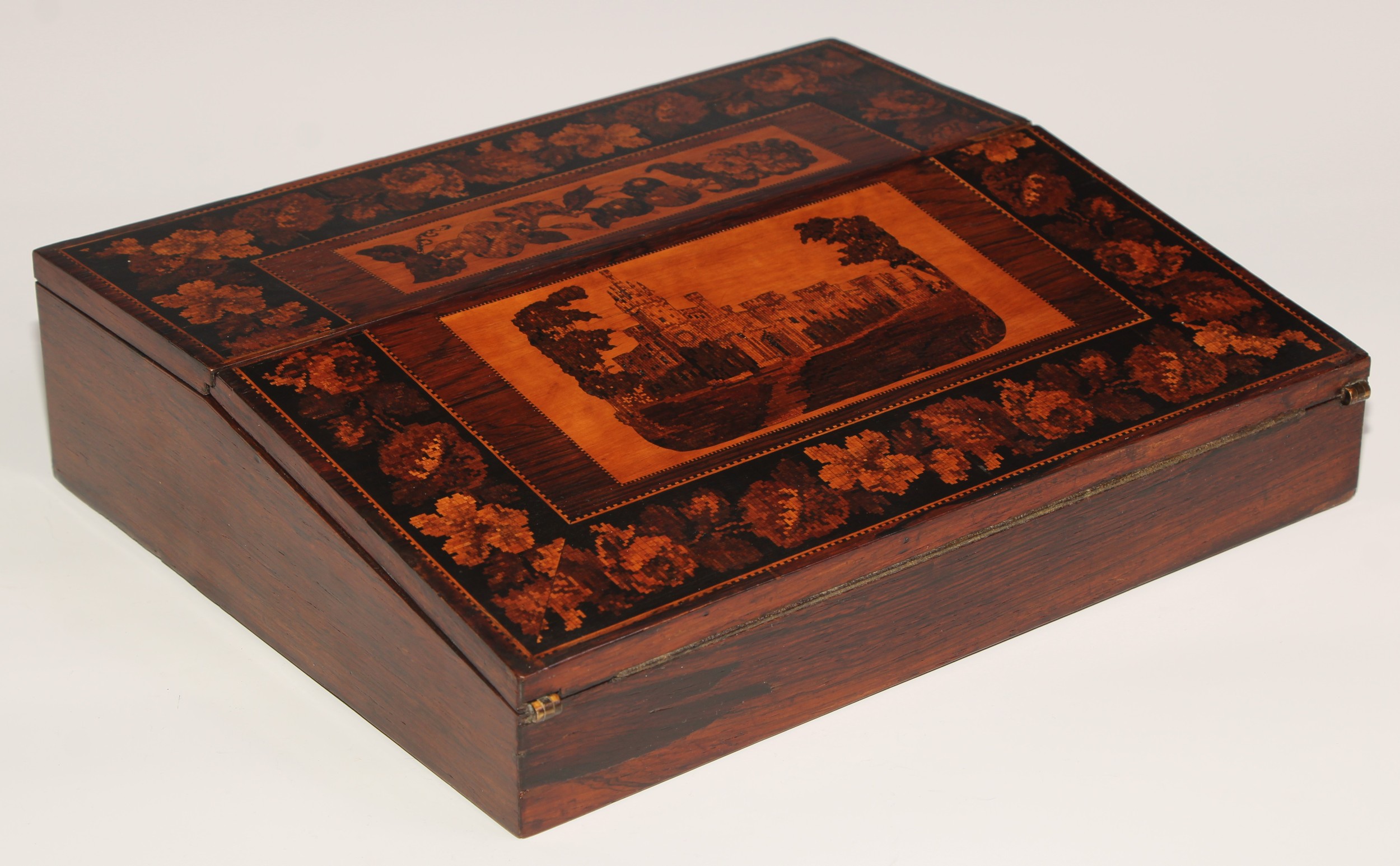 A Victorian Tunbridge ware and rosewood writing box or lap desk, the hinged cover and sloping - Image 4 of 4