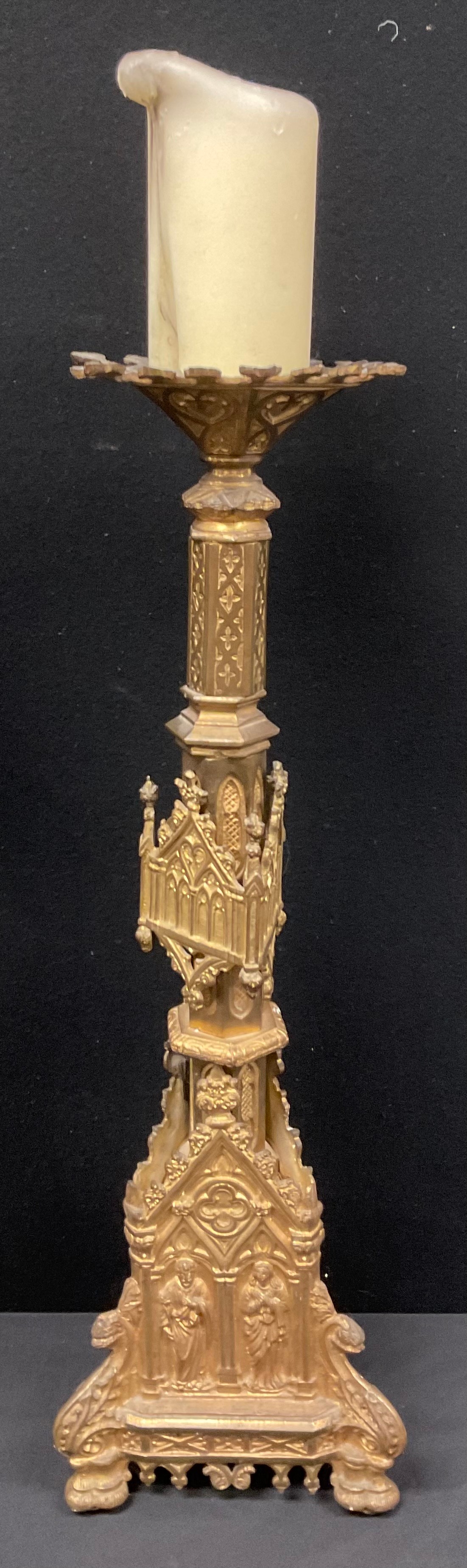 A set of four Gothic Revival gilt metal altar pricket candlesticks, cast throughout with figures and - Image 2 of 3