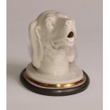 A 19th century pressed glass novelty desk weight, as the head of a dog, gilt line border, lead base,