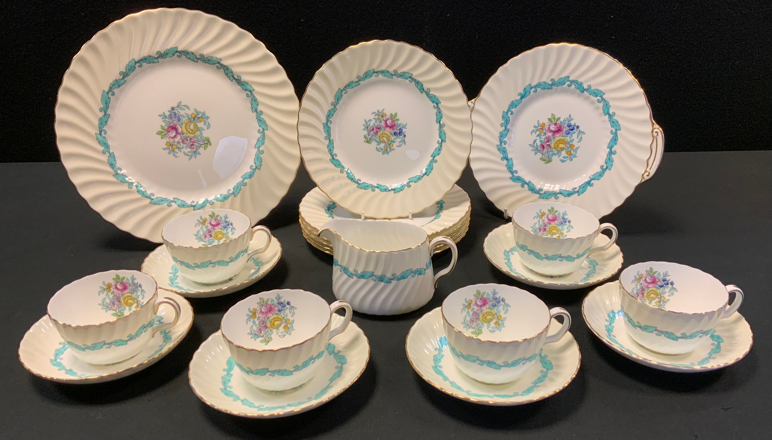 A Minton Ardmore pattern tea service, for six, comprising cups, saucers, side plates, milk jug,
