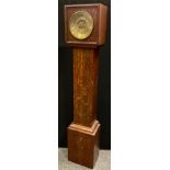 A mid 20th century oak small longcase clock, brass dial with Roman numerals, twin winding holes,