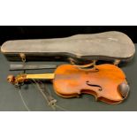 A 19th century violin, two piece back, double line purfling, unmarked, back 36cm long, 59.5cm