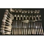 A silver plated Kings pattern canteen, for six, inc cake slice, soup spoons, knives forks etc