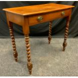 A 19th century mahogany hall table, over-sailing top, single long drawer to frieze, barley twist