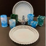 Sowerby, Davidson and Press moulded glass - a pair of press moulded turquoise basketweave plates;