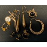 Jewellery - a 9ct gold earrings, 4.7g gross; yellow metal mounted swivel fob pendant etc