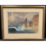 J Logie, Cresting Waves & Rocky Cliffs, signed, dated 99, watercolour, 37cm x 53.5cm