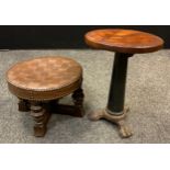 A 19th century cast iron tripod stool, lion paw feet, 44cm tall; a Victorian x-frame foot stool,
