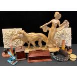 Art deco style plaster figure group, lady with hounds; painted metal spaniel alabaster bookends; etc