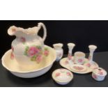 A 20th century Morley Fox & Co ten piece dressing table set, decorated with pink roses inc washing