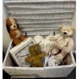 Boxes & Objects - large white wicket basket; clock, miniature folding metal cot, teddy bears,