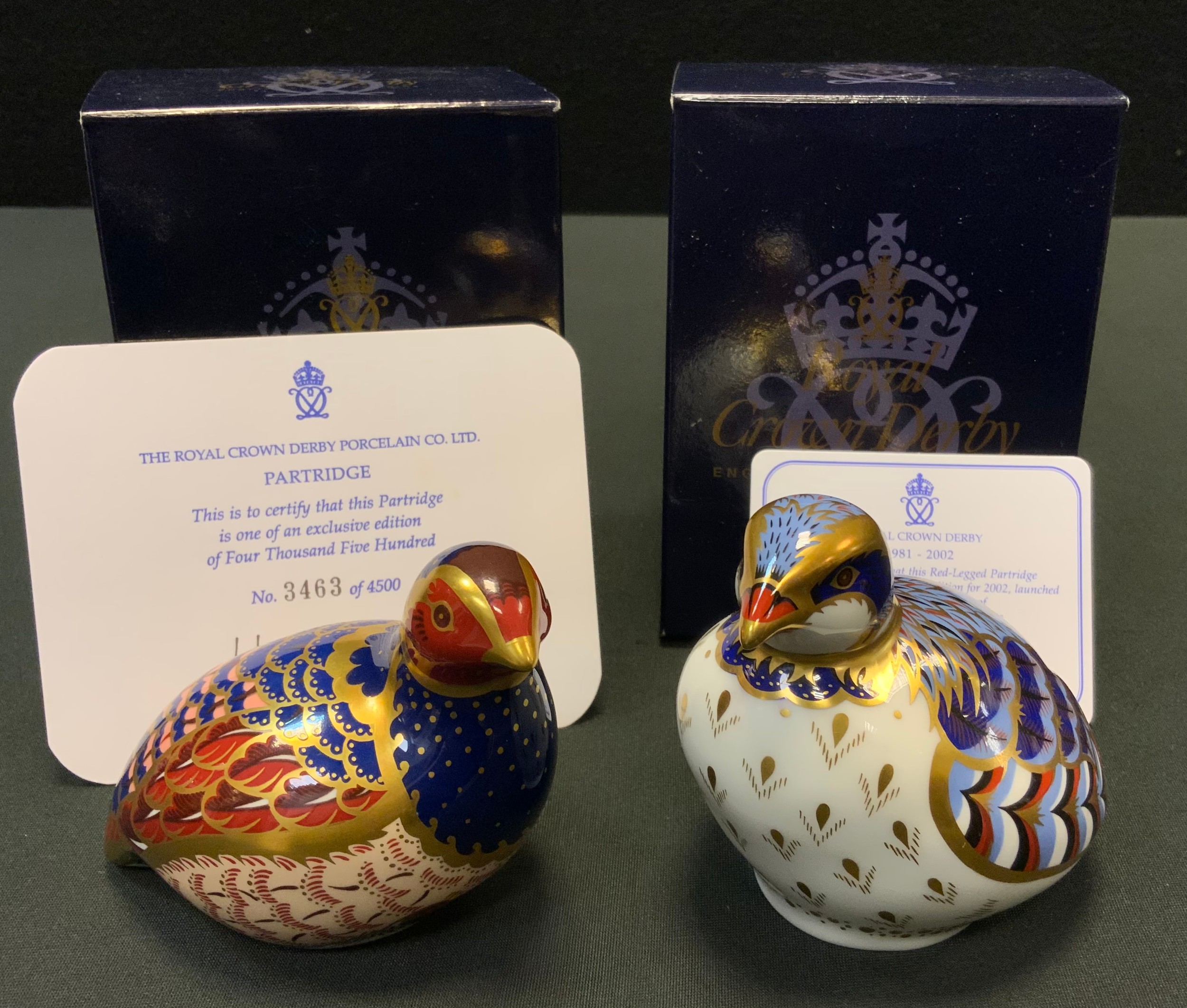 A Royal Crown Derby Paperweight Partridge, limited edition, 3463/4500; another Red Legged Partridge,