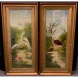 Continental School - a pair, Egrets & Avocets, oils on canvas, each 92cm x 31cm (2)