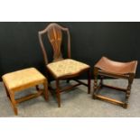 A George III Hepplewhite style mahogany shield-back chair; a 19th century stool; etc, (3).