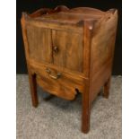 A George III walnut night cupboard, shaped, galleried top, pair of small cupboard doors, above a