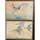 French school (mid 20th century), a pair, ‘Mallards in flight’, ‘Geese Descending’, indistinctly