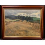 English School, Haystacks & Harvest fields, indistinctly signed, oil on canvas, 54cm x 70cm