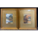 M D Ansell, a pair, Cattle by the Loch & Sun Rise Rocks, signed, 26.5cm x 18.5cm, gilt frame (2)