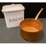 A white enamel bread bin and cover; large copper saucepan, iron handle, indistinctly marked,