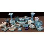 Sowerby and Davidson Press Moulded Blue Glass - boat shaped baskets; jugs; night light; spill vases;