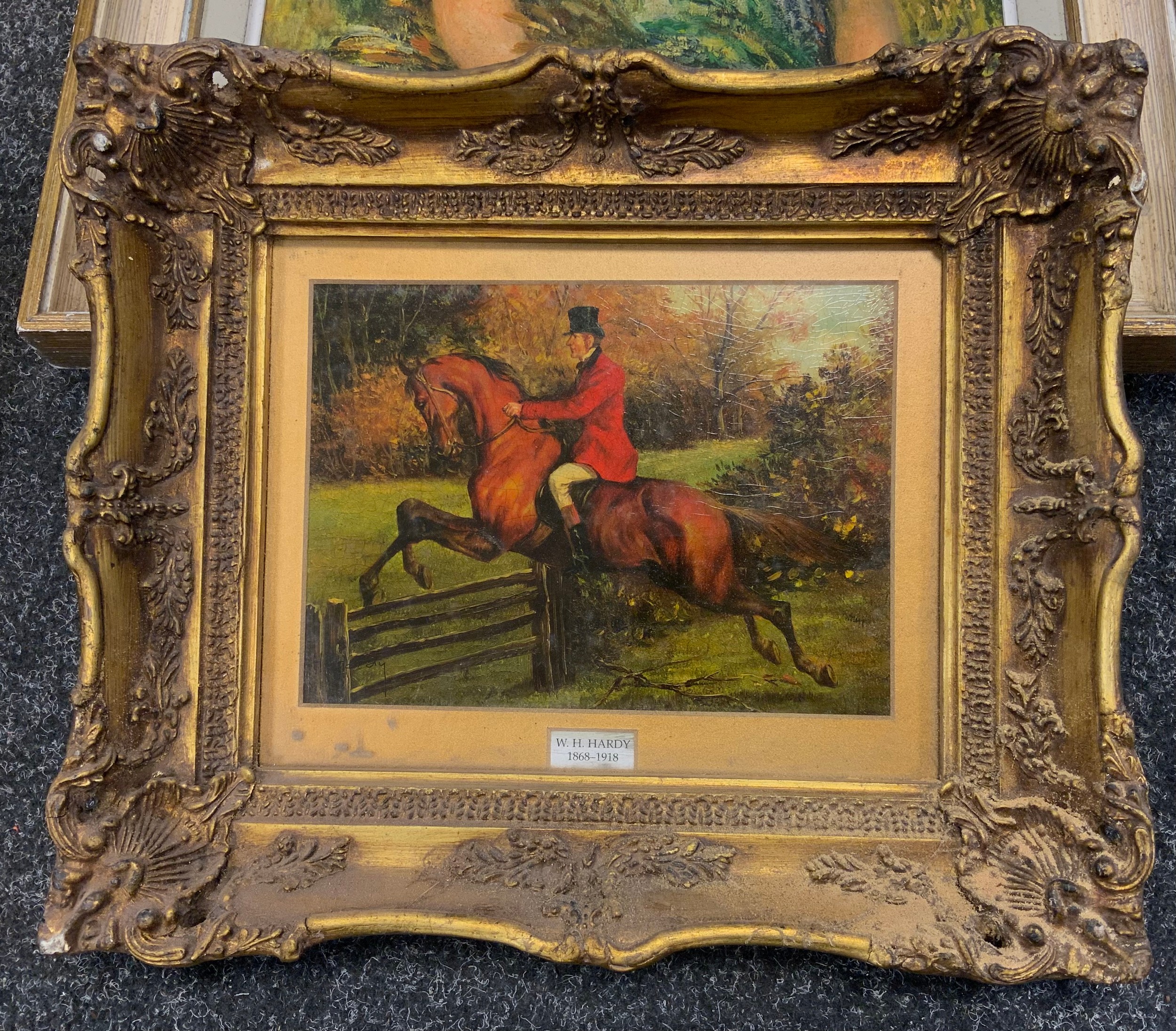 W. H. Hardy, after, Horse and rider, print laid on panel, craquelure finish, 19th century style gilt - Image 2 of 3