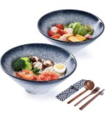 Porcelain Ramen Bowls, Set of 2 Japanese Noodle Bowls with Cutlery