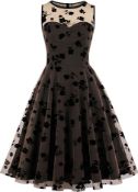 Wellwits Women's Floral Mesh Layer Sweetheart Black Cocktail Vintage Dress
