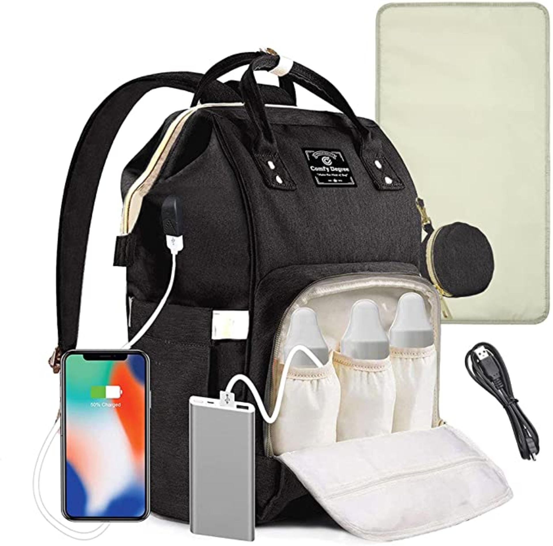 ComfyDegree Waterproof Baby Travel Bag Rucksack w/ Pacifier Holder, USB Port