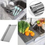 Roll Up Foldable Silicone-Coated Stainless Steel Drainer, Over Sink Dish Rack, set of 4 RRP £56