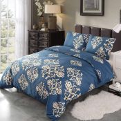 Vivilineneu 3 Pieces King Size Blue Reversible Damask Baroque Pattern Print Bedding Set