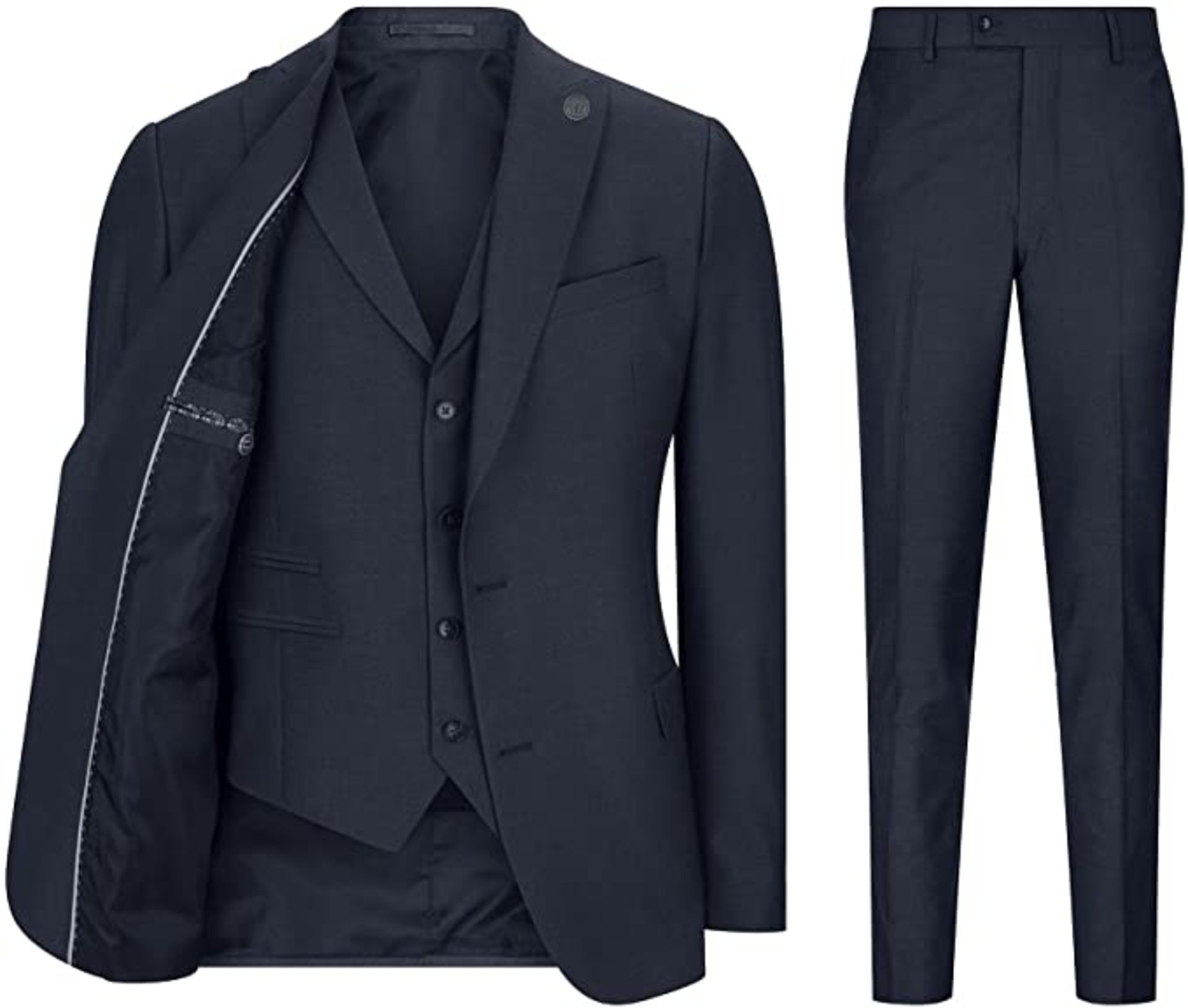 RRP £109 Men's Classic 3 Piece Suit Including Double Vent Blazer Waistcoat & Trousers (size, see