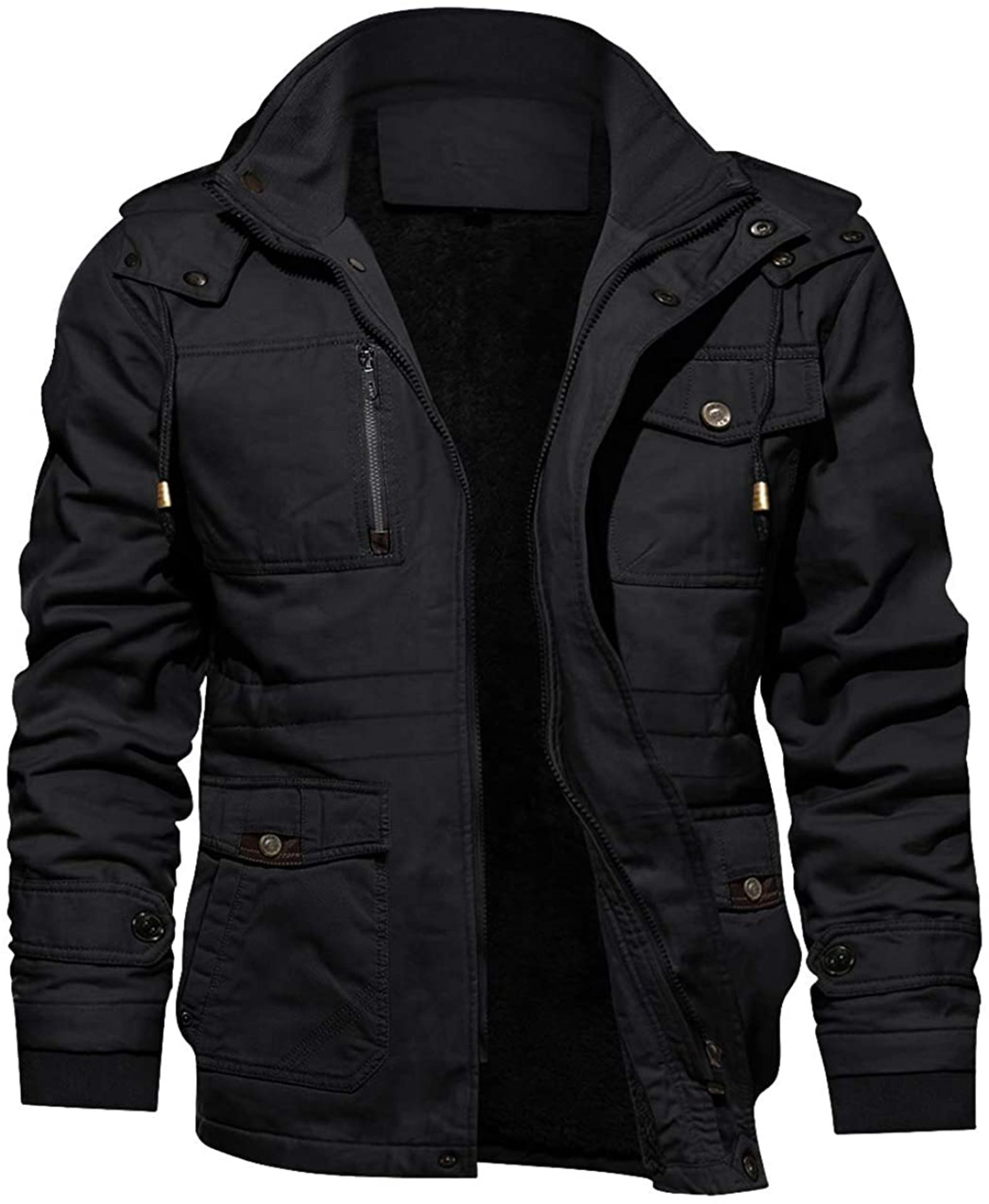 RRP £58.99 KEFITEVD Men's Fleece Jacket Military Jacket with Removable Hood, Medium