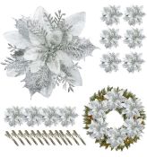 RRP £200 Set of 20 Artificial Flowers 12 Pack Silver Flowers with Clips