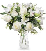RRP £120 Set of 3 x Love Bloom Artificial Flower Bouquet Silk Roses and Orchids with Glass Vase