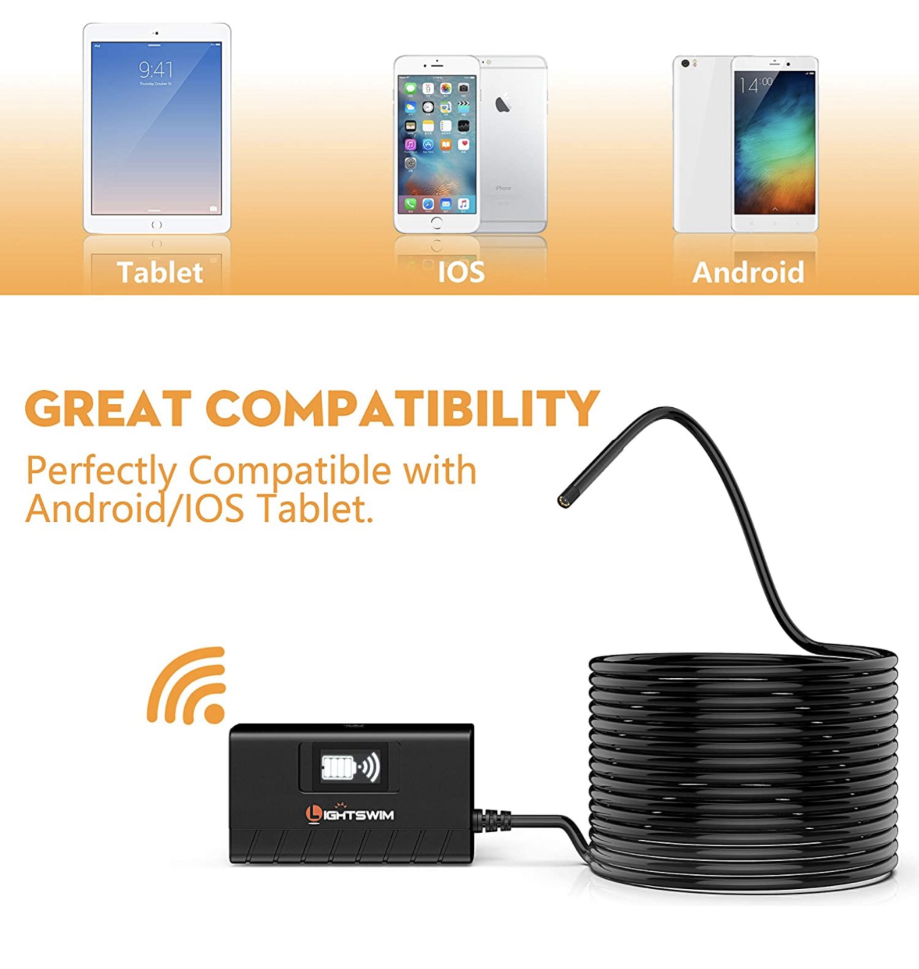 Lightswim Wireless Endoscope, HD Zoomable WiFi Borescope