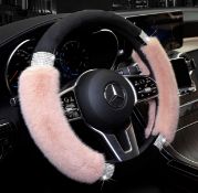 RRP £100 Set of 10 x Luxurious Faux Wool Fluffy Steering Wheel Cover with Rhinestone Bling