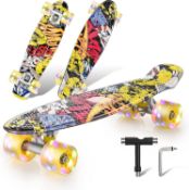 Colmanda Mini Cruiser Retro Skateboard, Complete with LED Light up Wheels (colours may vary)