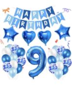 RRP £75 Set of 15 x Blue Balloons 9th Birthday Decorations Blue Confetti Latex Balloons