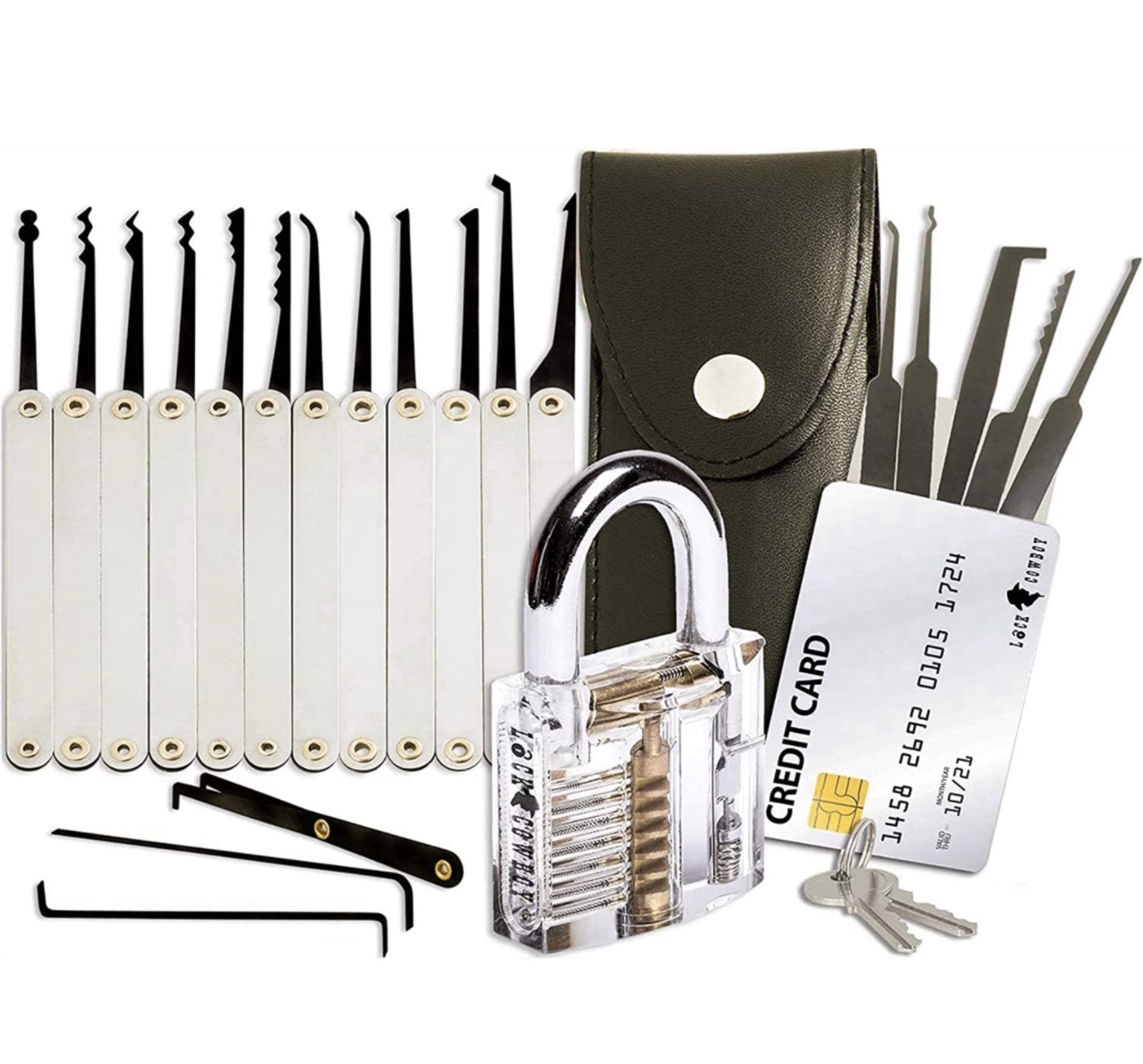 RRP £19.99 Lock Cowboy Lock Pick Set with Transparent Training Padlock and Credit Card